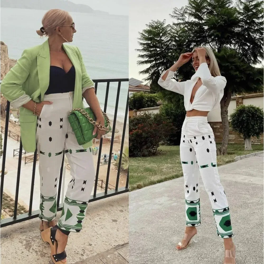 Zara‎ White & Green Geometric Embroidered Linen Pants Small Coastal Bohemian